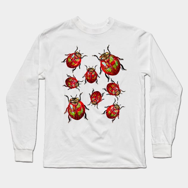 Red And Green Ladybug Beetle Long Sleeve T-Shirt by crunchysqueak